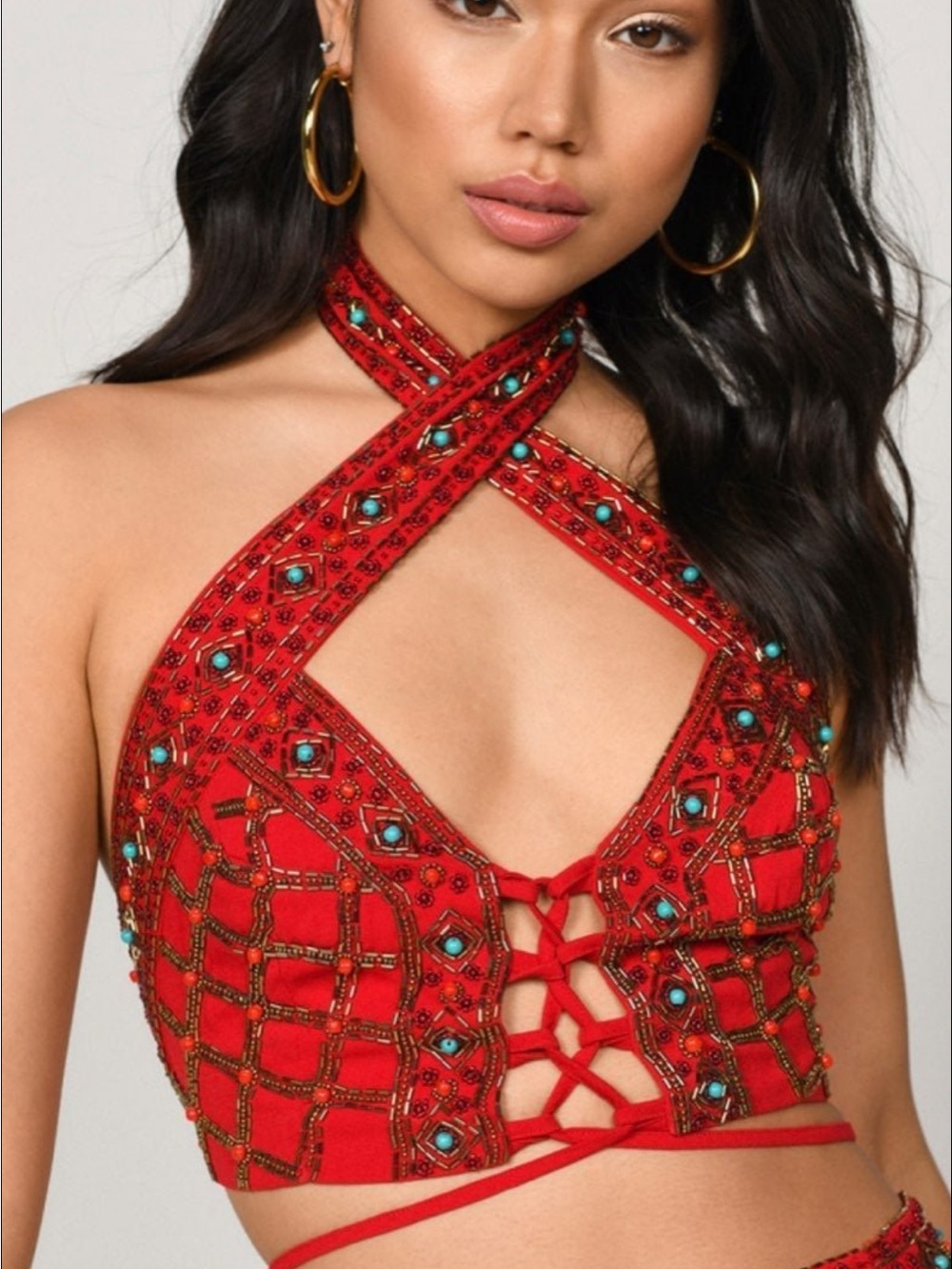 Red Embellished Halter Lace-Up Crop Top from Toni